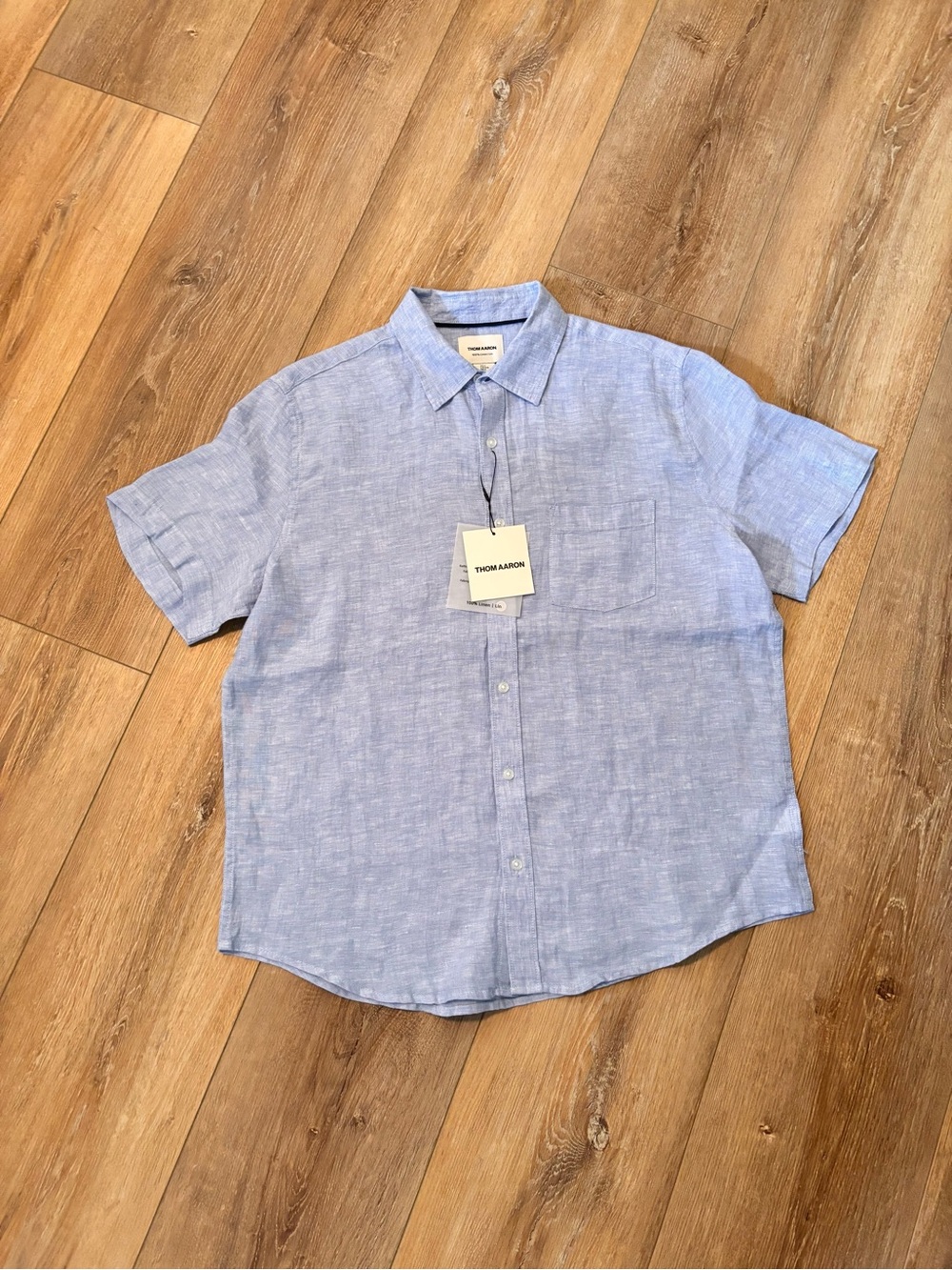 THOM AARON Men’s BUTTON-DOWN 100% LINEN Short Sleeve SHIRT BLUE SIZE LARGE NEW
